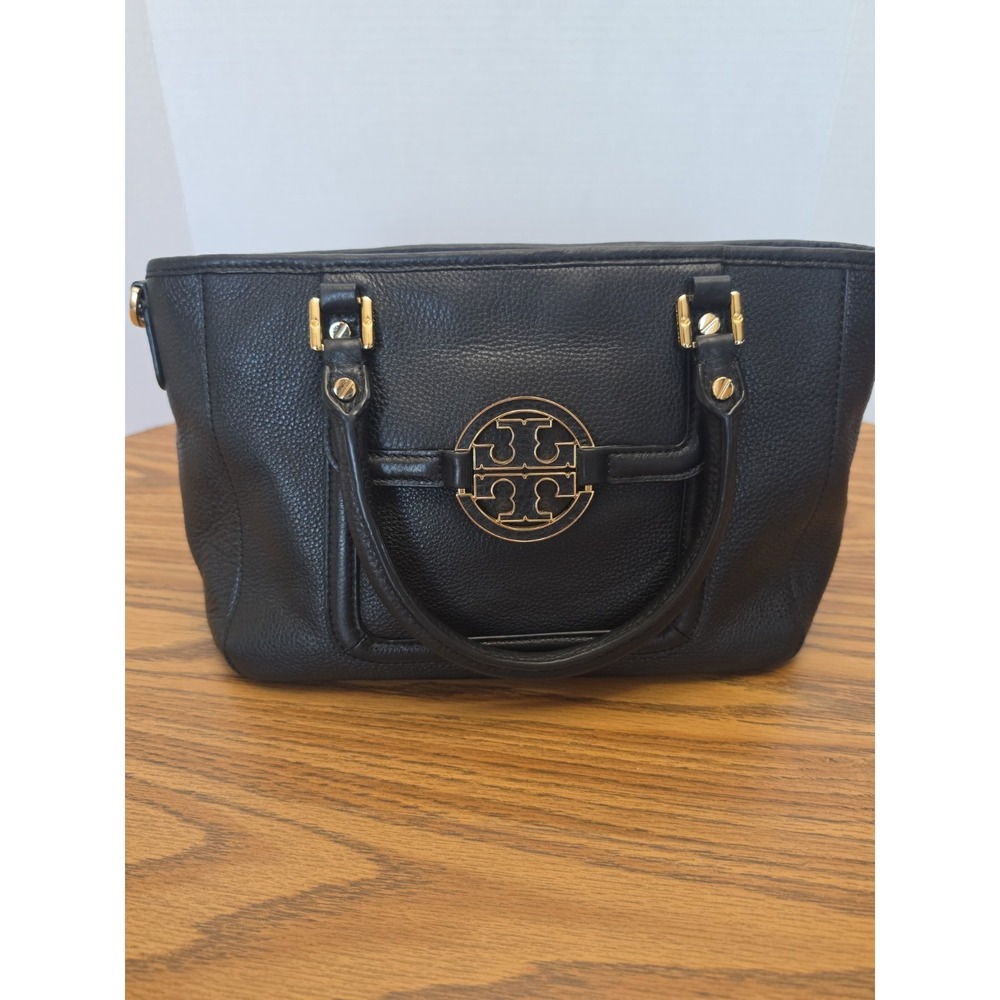 Tory Burch Black Pebbled Hand Bag Logo Accent Gold Hardware Inner Pockets